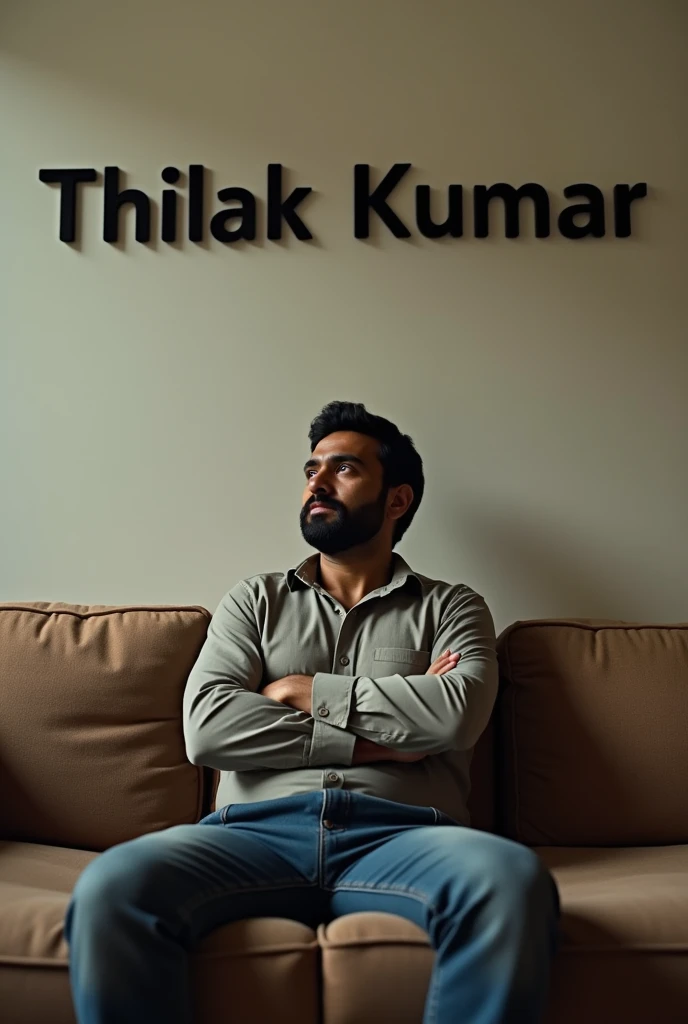 A man sitting on the sofa in front of the Wall displays the name called THILAK KUMAR 