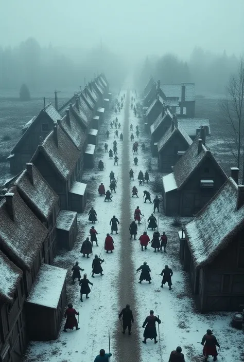  Viking warriors fight their enemies in an epic battle ,  in an aerial view of the battle ,  seen from above ,  in a medieval Saxon village  ,  during the winter of Denmark .  Impressive movie scene  