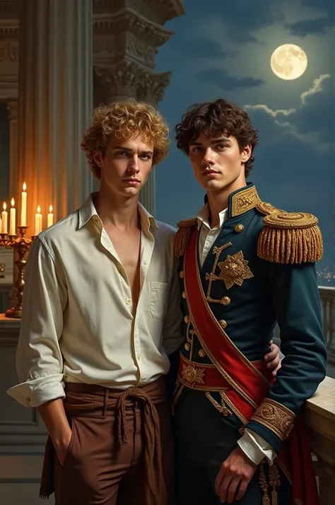  The realistic baroque style painting depicts two noble youths standing on a luxurious balcony .
 On the left ,  a handsome 22-year-old young man Curly blonde wearing a loose white shirt with buttons open at the top, gives a casual yet elegant impression t...