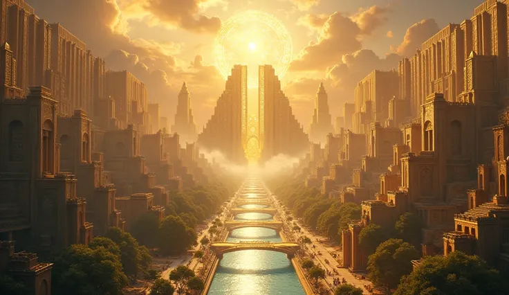 "An ULTRA-REALIST HD, 8K landscape A magnificent city, the New Jerusalem, with walls adorned with precious stones and streets of pure gold. The city gates are immense and radiant, and the crystal-clear river flows from the throne of God. Trees of life grow...