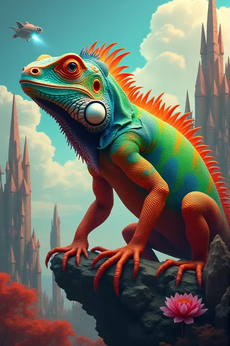  A human-faced iguana,colorful body , fantasy world background .