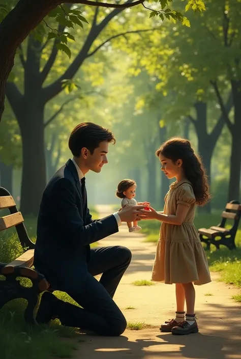 Franz kafka giving a doll to a small girl in a park