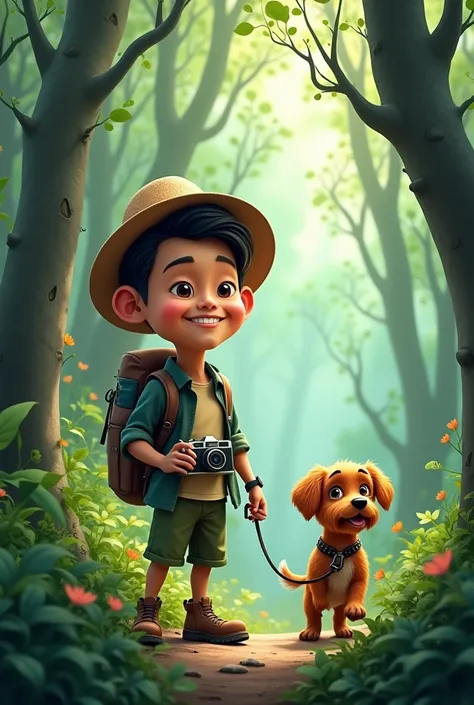 4D caricature of 20-year-old Indonesian man hiking wearing kerir while holding his camera in middle of forest with high contrast 8k detoil dog 