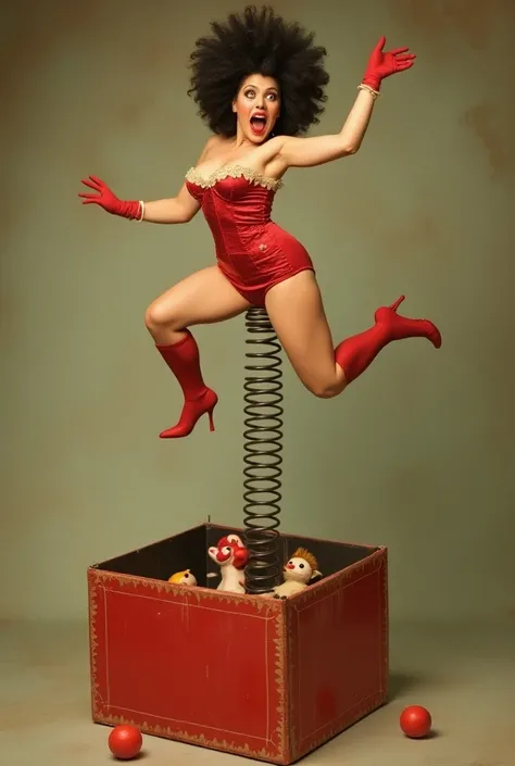 A vintage poster with a jack in the box resembling a burlesque performer jumping out from a box like a toy on a metal spring, the expression is surprised yet excited. she is a bombshell a very voluptive body. the stile is vintage adv. at the bottom of the ...