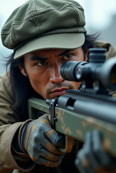 Asian mercenary with a sidecap cap who aims with a sniper rifle