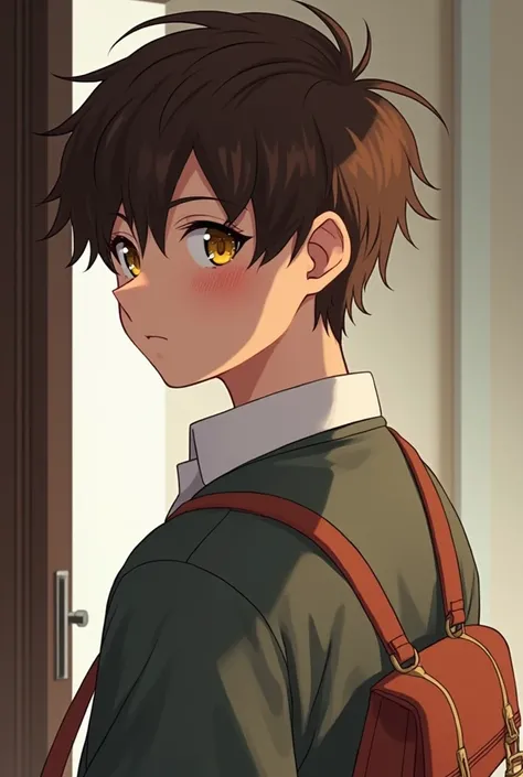 High Resolution, Brown Hair, Closed Mouth, From Side, Best Quality, UHD, Yellow Eyes, From Behind, Simple background, Anime Style, The 16-year-old boy knows the door and he has a bag hanging on the back
