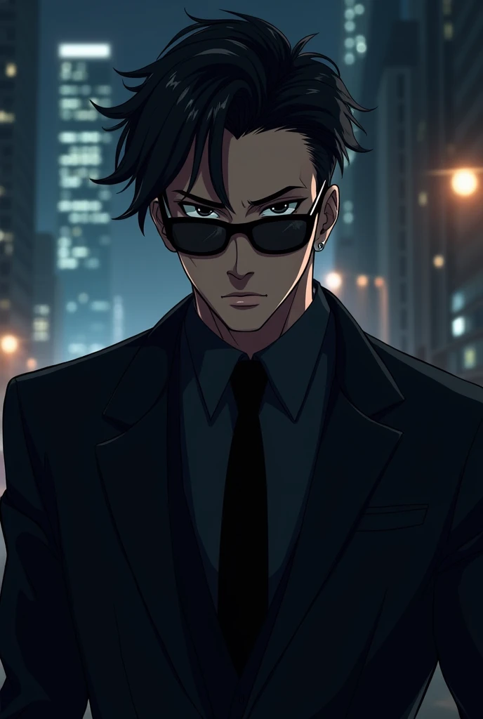 Man in dark suit and black glasses anime