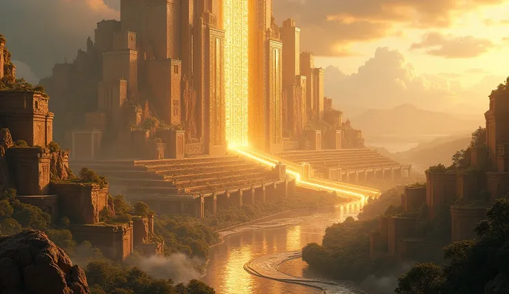 "An ULTRA-REALIST HD, 8K landscape A magnificent city, the New Jerusalem, with walls adorned with precious stones and streets of pure gold. The city gates are immense and radiant, and the crystal-clear river flows from the throne of God. Trees of life grow...