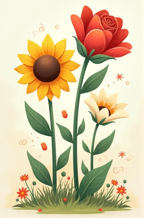 Cartoonic image of sunflower white lily and red rose standing tall