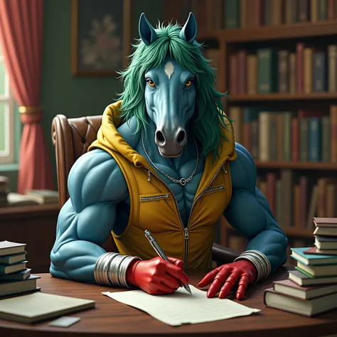  A blue muscular furry horse with a green mane in silver bracelets, In white boots, in black pants, in a yellow zippered sleeveless sweater , wearing red gloves, he sits in a brown chair at a table in the library, writes with a pen on a piece of paper