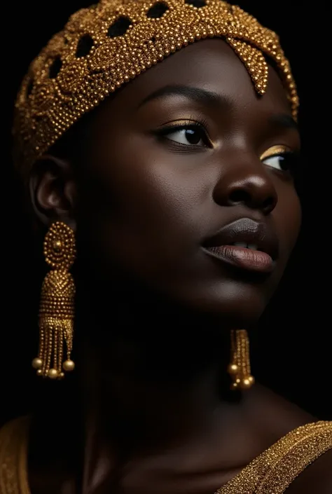 Close-up portrait of a woman, intense gaze, dark skin, adorned with intricate golden beaded headpiece and earrings.  Golden makeup highlights the face, with golden lips and defined eyes.  Dramatic lighting emphasizes the intricate details of the jewelry.  ...