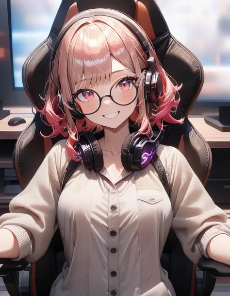 (masterpiece, Complex:1.3), (Best Quality,  high resolution texture ,  high detail:1.2), (4K),( Very Detailed:1.4), masterpiece:1.2, Best Quality, Best aesthetics) 1 girl,Pink Hair, short bob, wave hair,Round Glasses, Mullet Hairstyle,Best Quality, smiles ...