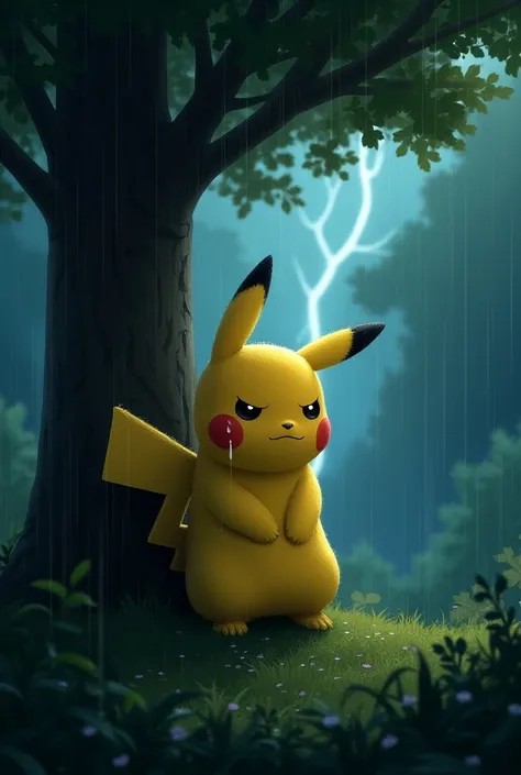 "A lonely Pikachu standing under a tree in a rainy forest, looking at the sky with a tear rolling down its cheek, as lightning flashes in the distance. The mood is gloomy yet touching, showing Pikachus sadness."