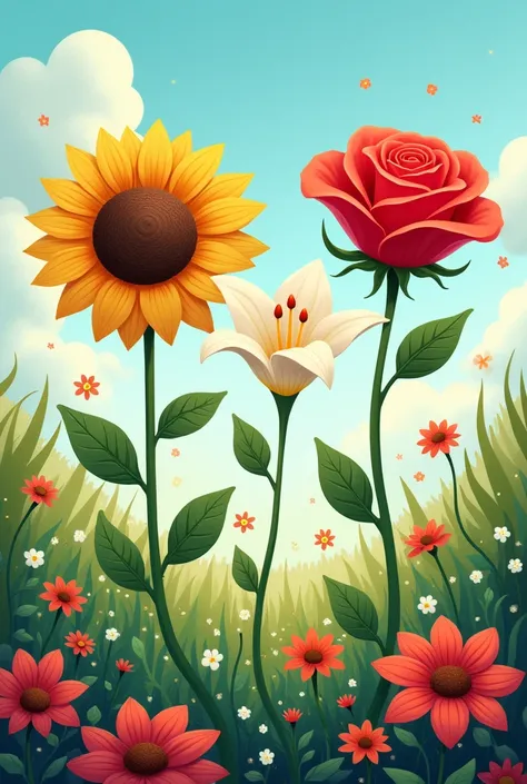 Cartoonic image of sunflower white lily and red rose standing tall in a colourful garden 