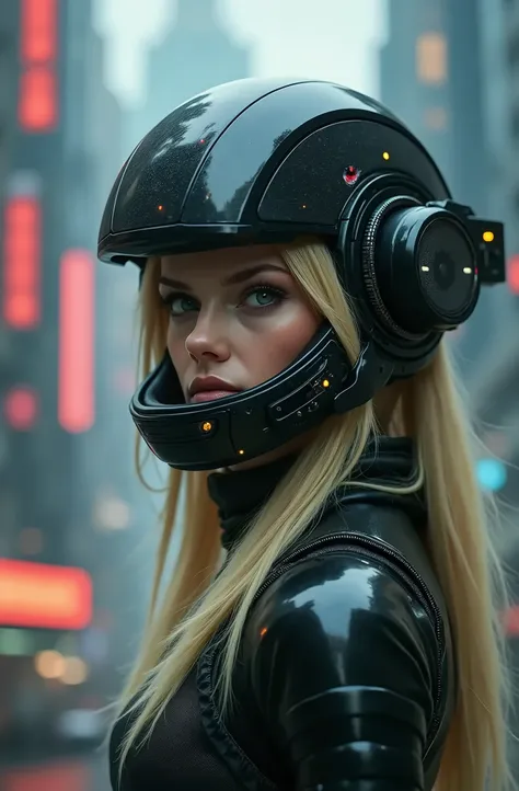 Create me a cyberpunk style image, a blonde woman, and you invent the helmets 