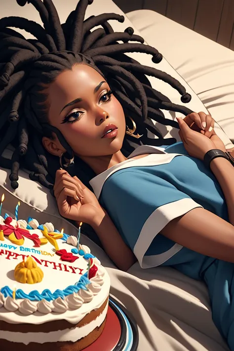 girl(afrocentric), model face with beautiful dreadlocks and hands, laying on a bed next to a birthday celebration cake, anime illustration, baddie aesthetics, detailed, refine, trending on artstation, made by studio ghibli