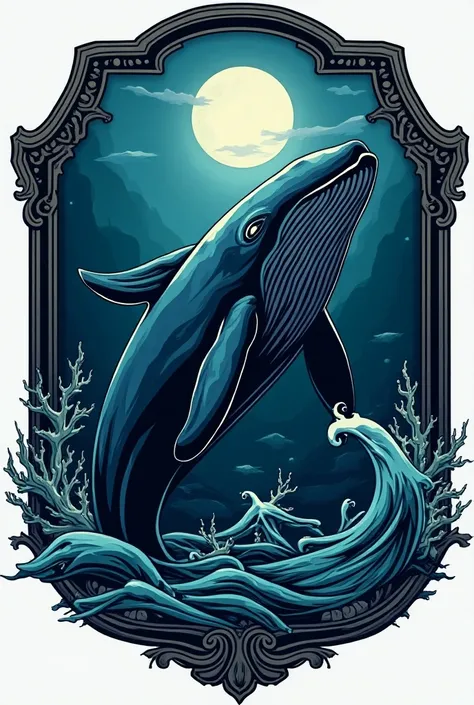 (Whale Emblem): This marine-themed emblem showcases a majestic whale, perhaps leaping or gliding gracefully through waves, surrounded by ocean elements like waves and coral patterns. It represents resilience, depth, and protection. The colors are deep blue...