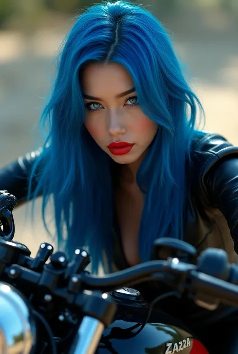 Attractive woman with long blue hair with blue eyes wearing shiny skin with thick red lips dressed in leather clothes riding a motorbike 