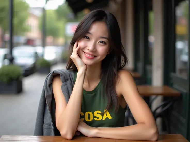 Create a clear realistic image of a beautiful young Thai woman with fair skin and a beautiful smile sitting at a wooden table in an outdoor coffee shop. She is wearing a green tank top with the word "COSA" written in yellow letters. She has long dark hair ...