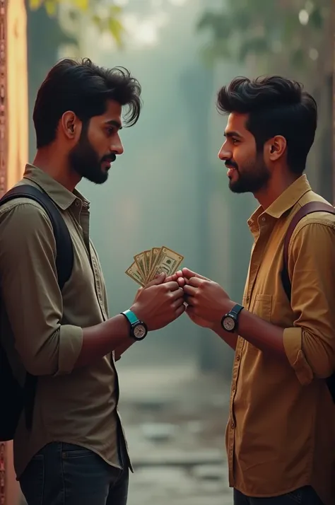 Two Indian young man sharing money