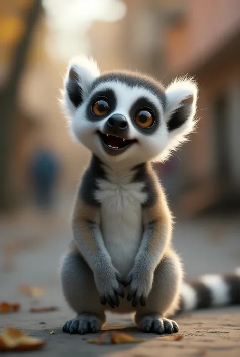  blur background:1.5、Stand up straight in a cute hoodie:1.3、Fluffys adorable and realistic ring-tailed lemur、 fluffy creatures ,  with big eyes and slightly open mouth ,   the overall mood of the cinematic image is 、 a mix of wonder and excitement , The ci...