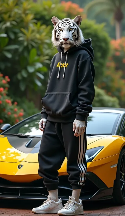 (Photorealism:9.16) Make a picture facing the camera of a white female tiger , tubuh seksi,  wearing sweatshirt and sweatpants ,  wearing sneakers ,  standing in front of a black yellow Lamborghini, with garden background , Wide, realistic 4k image 