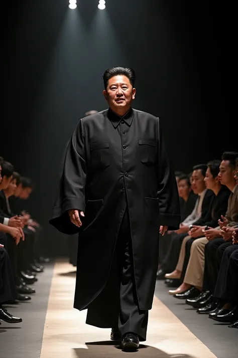 "A scene of a powerful figure korea president kim jong il walking slowly down a fashion show runway, dressed in traditional black attire representing their nations heritage. The person carries an aura of confidence and authority. Behind them, the audience ...