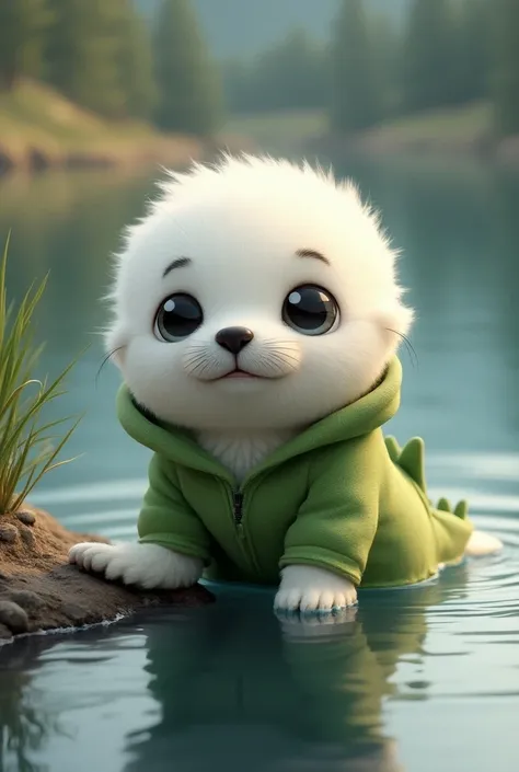 
"A **cute baby harp seal** with a **fluffy white head** wearing a **green crocodile onesie** that is a little too big for him, relaxing by the **waters edge** of a calm lake. **Realistic, high-resolution image**, with **natural lighting** and a **warm and...