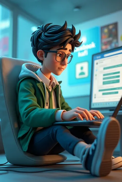 Text: Create a 3D illustration featuring a realistic 18 year-old beautiful young boy busy to writing a coding on a chair in front of a 3d logo of Facebook. The character should have green and white pant coat tie ,with Sneakers shoes, with glasses,The backg...