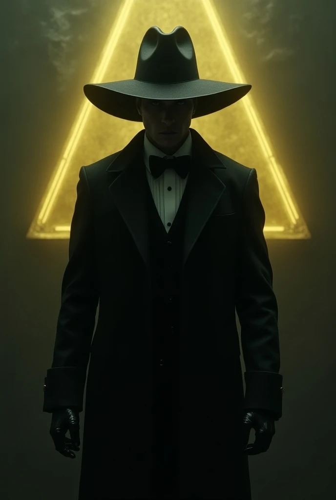 a sinister man with intense gaze, black hat, bowtie, yellow triangle with eye, black limbs, surreal, dark, unsettling, cinematic lighting, dramatic shadows, highly detailed, photorealistic, masterpiece, 8k