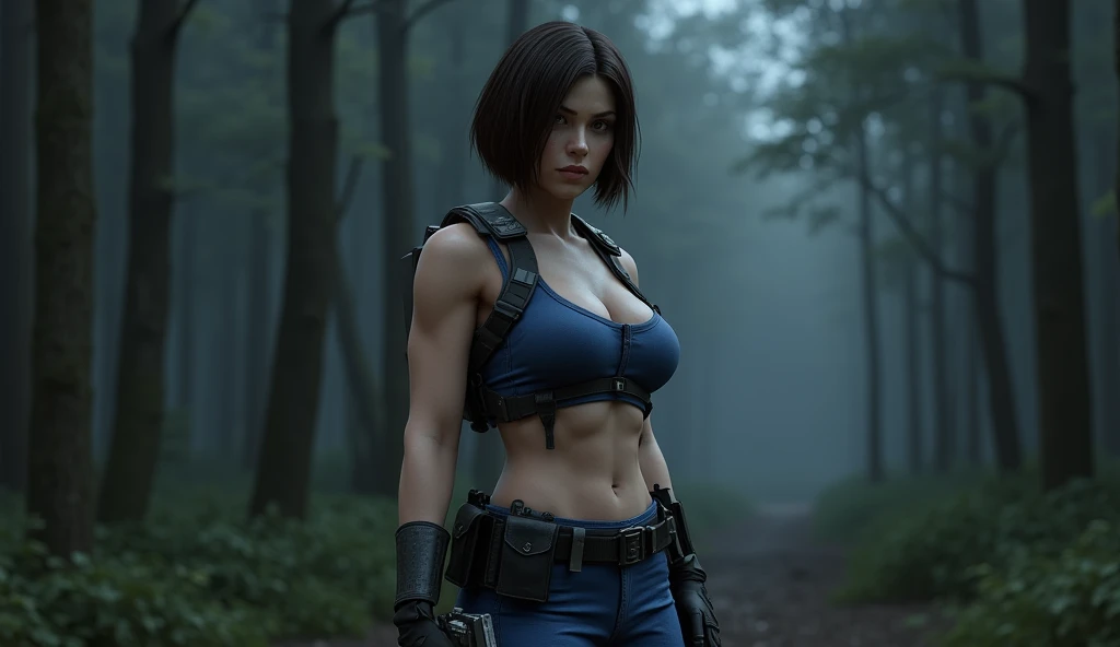 (photorealism:1.2), beautiful woman, Create an hot sexy image of Jill Valentine, the iconic video game character from Resident Evil. She is in her signature blue tactical outfit, wearing a revealing STARS vest and a utility belt with weapons holstered. She...