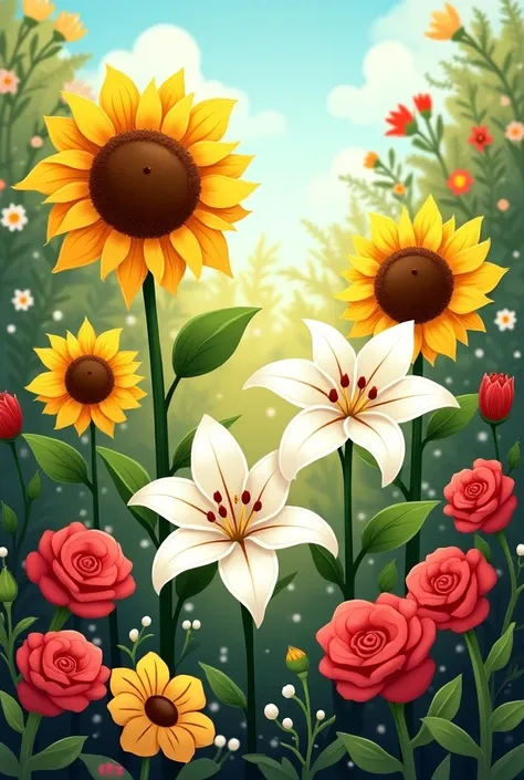 Cartoonic fun image of sunflower white lily and red rose standing tall in a colourful garden 