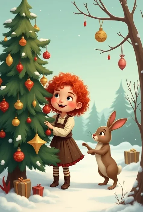 Create a cartoon of a peasant girl with red and curly hair placing ornaments on a Christmas tree with the help of a rabbit