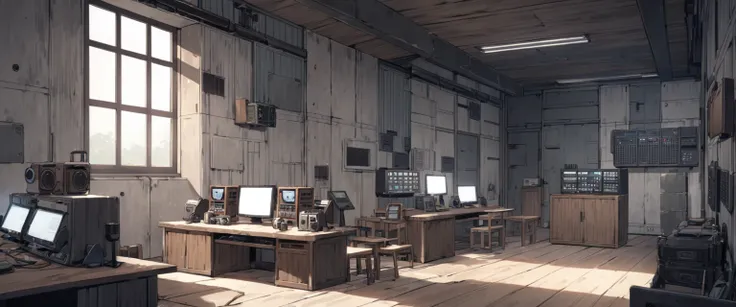 concrete military room, rough bullettin boards on left wall, 4 supports in middle, very short windows, very wide windows, long wooden tables infront of left wall, old radios on tables, a large monitor on a device with control panel, smaller monitors on lef...