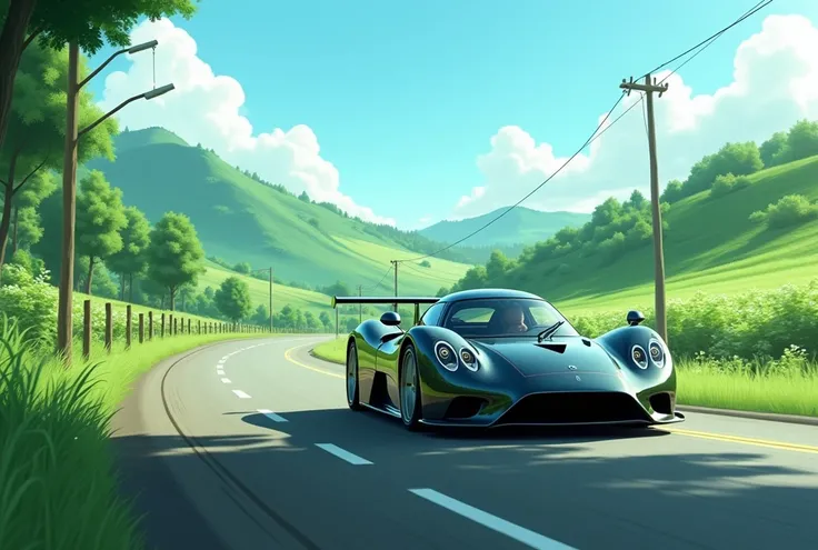 masterpiece:1.2, Highest quality),(Very detailed),realistic ,8k,wallpaper,A single-car   runs through a rural area,front,From below,(((Ghibli style))) wallpaper 