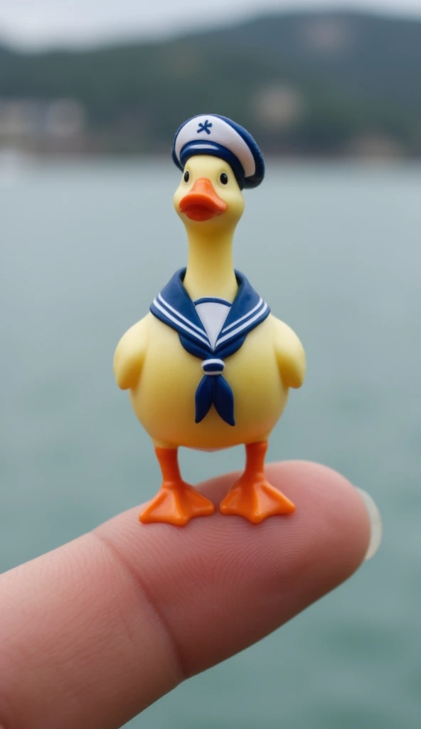  Miniature Duck in Sailors Clothing
Prompt : " Image of a miniature duck ,  fitting on the tip of a human finger ,  wearing a sailors uniform with a blue and white beret.  The duck is standing upright , with a proud look ,  as if ready to sail .  slightly ...