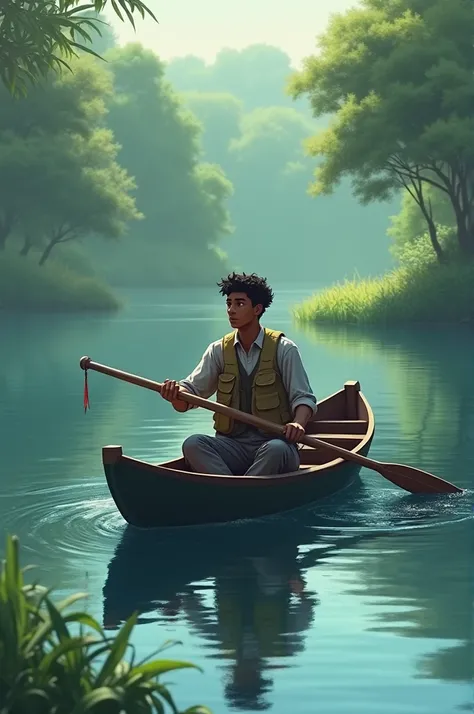  Toni young black-haired man , dressed in an angler vest ,  paddles a sampan into the middle of the lake