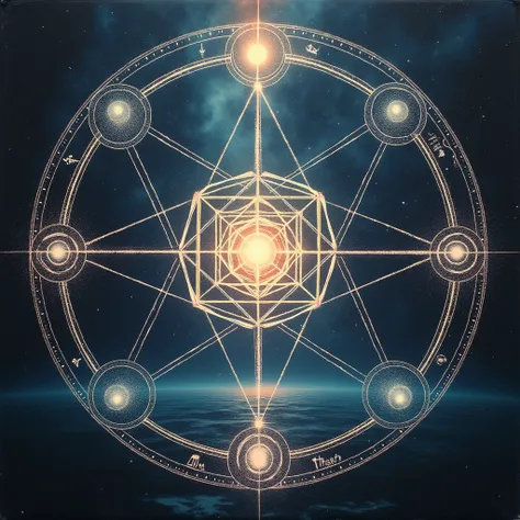 a circle with a Metatron cube,  an album cover by Béla Czóbel ,  presented in deviantart , cubo-futurism, cell phone, Nebulae, Stellaris,  heavenly regulator , The Nexus portal, Cimatic , cell phone structures,  central circular composition , ,  transparen...