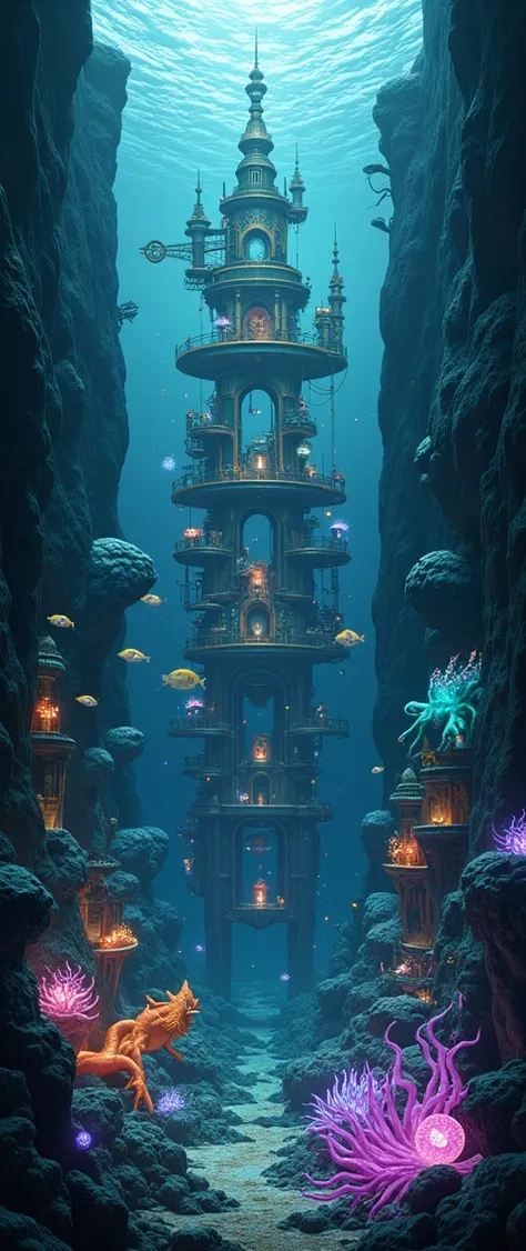 conceptual installation fantasy anime art, cross-section of a vertical tunnel in the Mariana Trench, deep blue, a building that combines Northern Renaissance, steampunk, dieselpunk and clockpunk, deep sea creatures, gem, plated, various effects, delicate a...