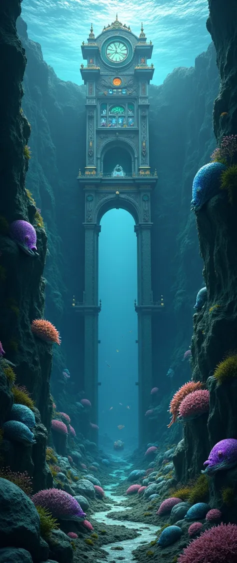 conceptual installation fantasy illustration art, cross-section of a vertical tunnel in the Mariana Trench, deep blue, a building that combines Northern Renaissance, steampunk, dieselpunk and clockpunk, deep sea creatures, gem, plated, various effects, del...