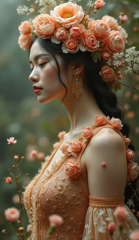 a beautiful woman made of flowers, delicate floral figure, intricate flower petals, detailed floral body, ethereal flowery woman, dreamy flower maiden, gorgeous flora female, captivating botanical girl, enchanting flower lady, stunning floral humanoid, lus...