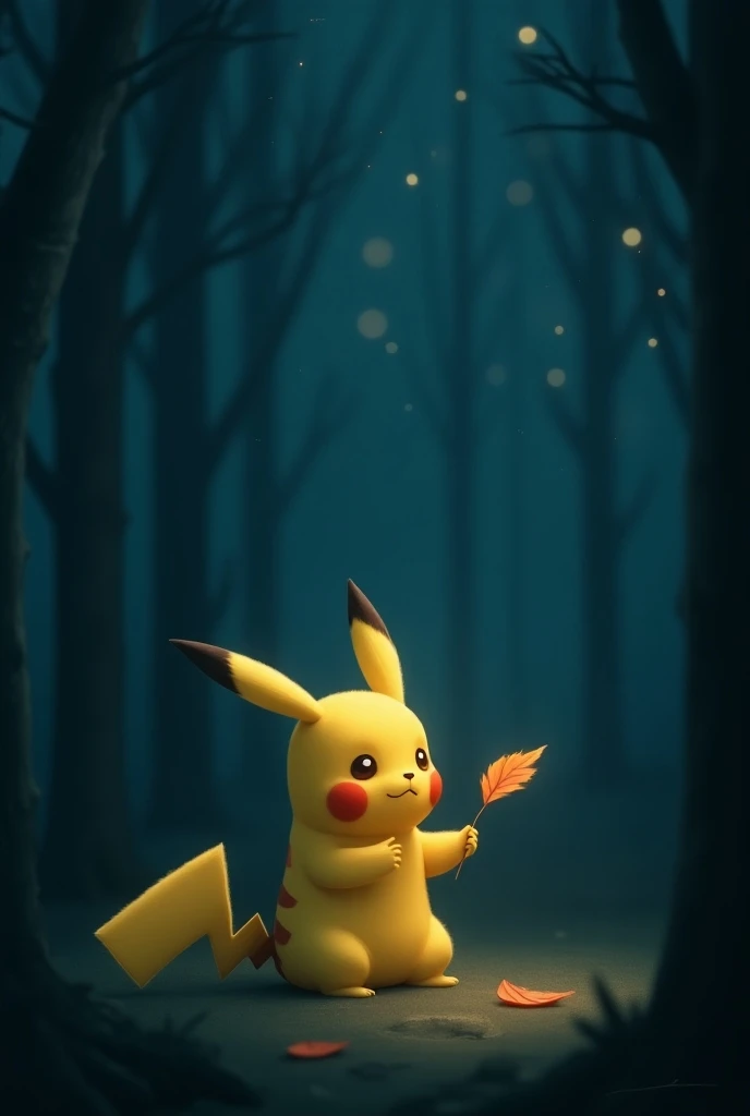 The first Pikachu, now alone in a quiet, misty forest at night, holding a single fallen leaf from where they used to meet. The background is dark, with faint stars, and Pikachu looks up sadly as if wishing to see its lost friend again."
