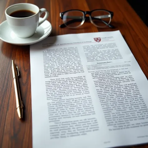  A detailed research page rests on a hardwood table ,  with the logo of the renowned Harvard University engraved on the top .  The paper is printed with dense and precise text , each carefully structured paragraph ,  reflecting the academic rigor character...