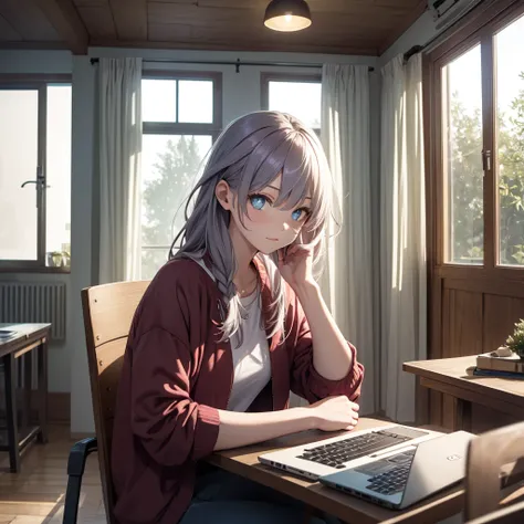  Casual clothing in a cozy room playing computer, relaxing image with a window where light enters 