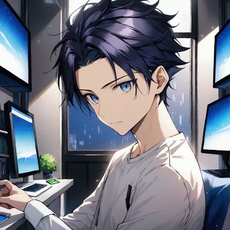 Okita Kouryu   ,Age 19,  a beautiful neutral beautiful boy with beautiful short hair 、 dark blue hair split in the center and pulled back ,  wearing a long-sleeved t-shirt   ,  kind,  calm ,  と calm な表現  ,   intellectual boy   , Black Rin 々New eyes , Alone...