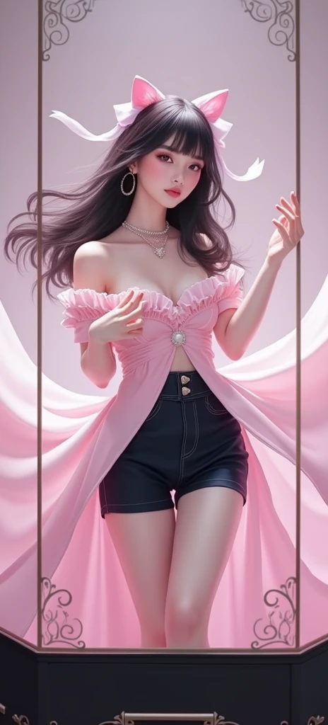  classy, mature young women are wearing pink lolita clothes。 full body、Asian、The skin is relatively white、Lavish clothing、Clothes have white ribbons 、The face is young、 with an innocent expression 