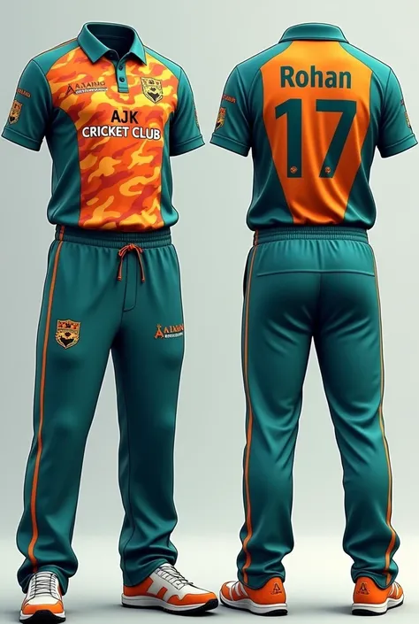 Make a cricket kit                               1.main color teal.                                2 Primary color orange.                    3.Camo army  design on the front                                4.Ajk Cricket Club writen on the front            ...