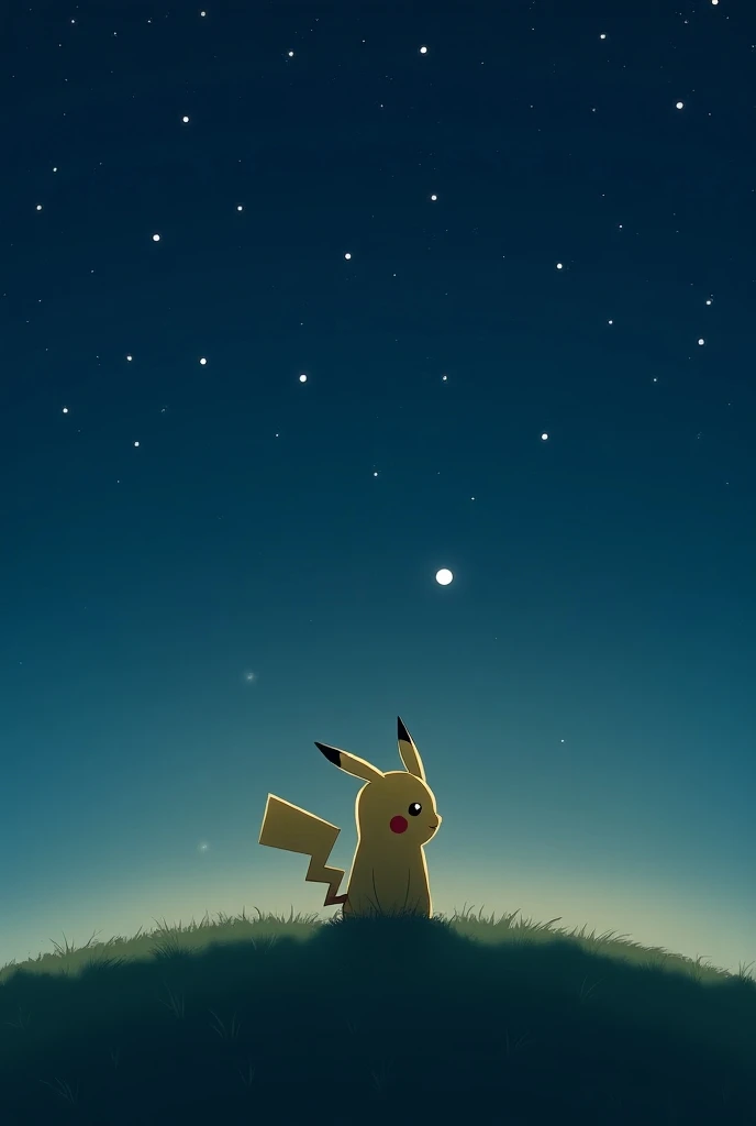 "Pikachu standing on a hill, gazing at the stars, with a soft glimmer of hope in its eyes, as if believing their paths may cross again. The night sky is full of stars, with one star twinkling brighter, representing its lost friend."