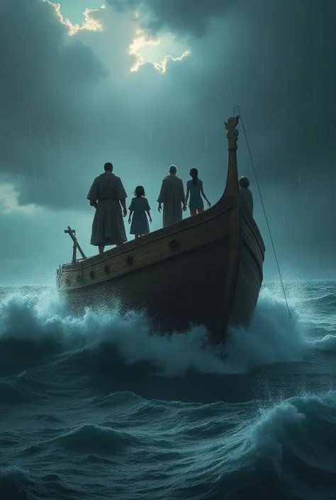 I need an image a bit far away of a family with everyone together on an ark navigating a rough sea
