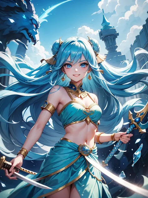 A beautiful girl ,sky blue hair , she wairng indian sky blue sari, in his hand a sword with blue flame, she wairng a half cuted devil mask,shes eyes colour is light sky blue, with raining wather.anime girl1girl, Long Hair, Smile, Blue eyes, Blue Hair, Hair...